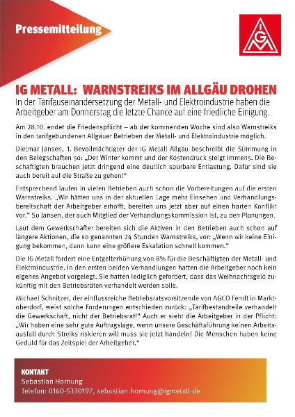 Pressemitteilung: Warnstreiks im Allgäu drohen