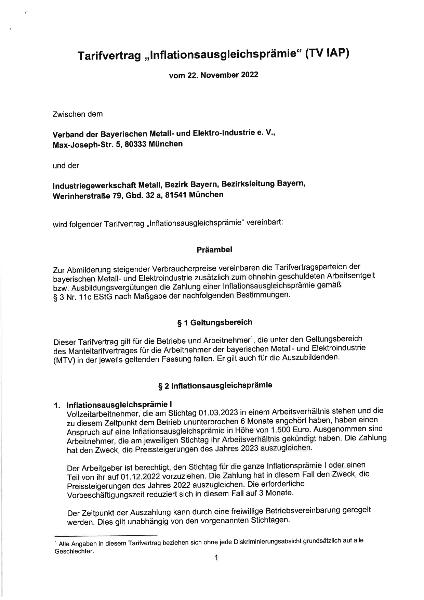 Tarifvertrag Inflationsausgleichsprämie 2022
