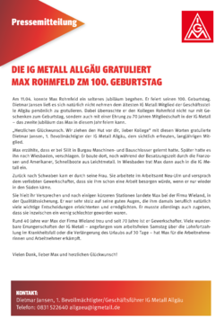 Die IG Metall Allgäu gratuliert Max Rohmfeld zum 100. Geburtstag